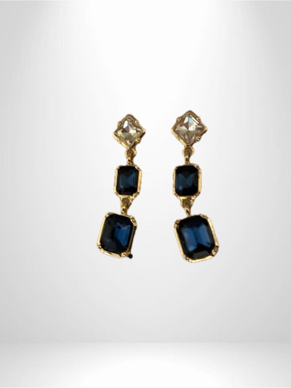 Gold and Navy Drop Earrings - Elegant Blue Crystal Dangle